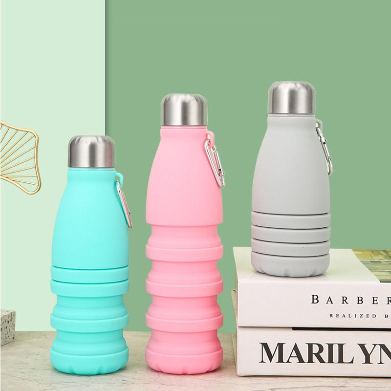 Foldable Bottle With Carabiner Leak Silicone Collapsible Water Bottles Portable Sports Cups Proof For Outdoor Travel 550Ml