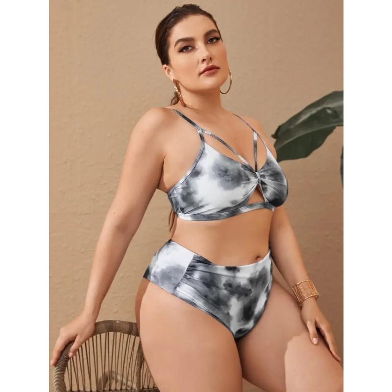 Print 2 Piece Plus Size Bikini Women Strapped Hollow Large Swimsuit High Waist Lady Swimwear Chubby Curvy Bathing Suit