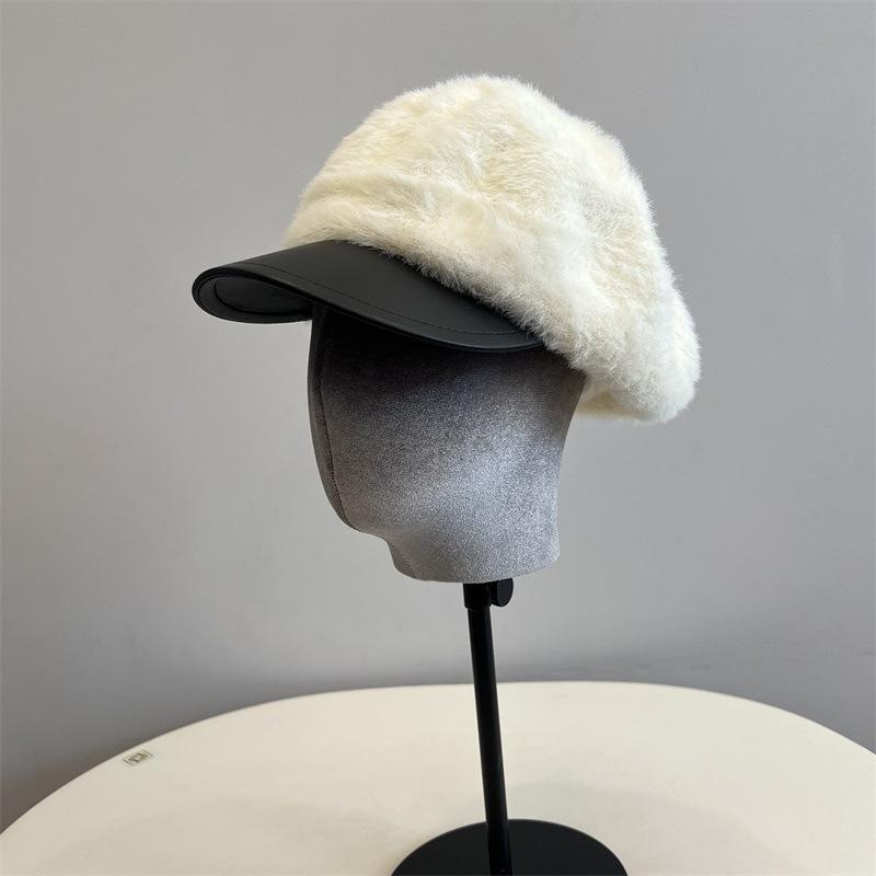 Imitation Mink Leather Brim Newsboy Hat Women's Autumn and Winter New Literary and Retro Fashion Duck Tongue Painter Hat