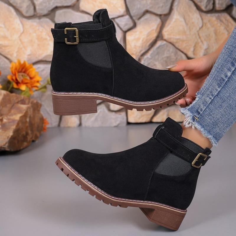 Ume Large Size Buckle with Square Heel Fashion Boots Autumn and Winter New Round Head Medium Tube Women's Boots