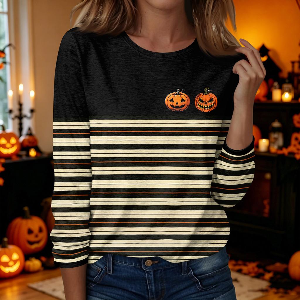 Women's Casual Long Sleeve Halloween Print Neck T-Shirt