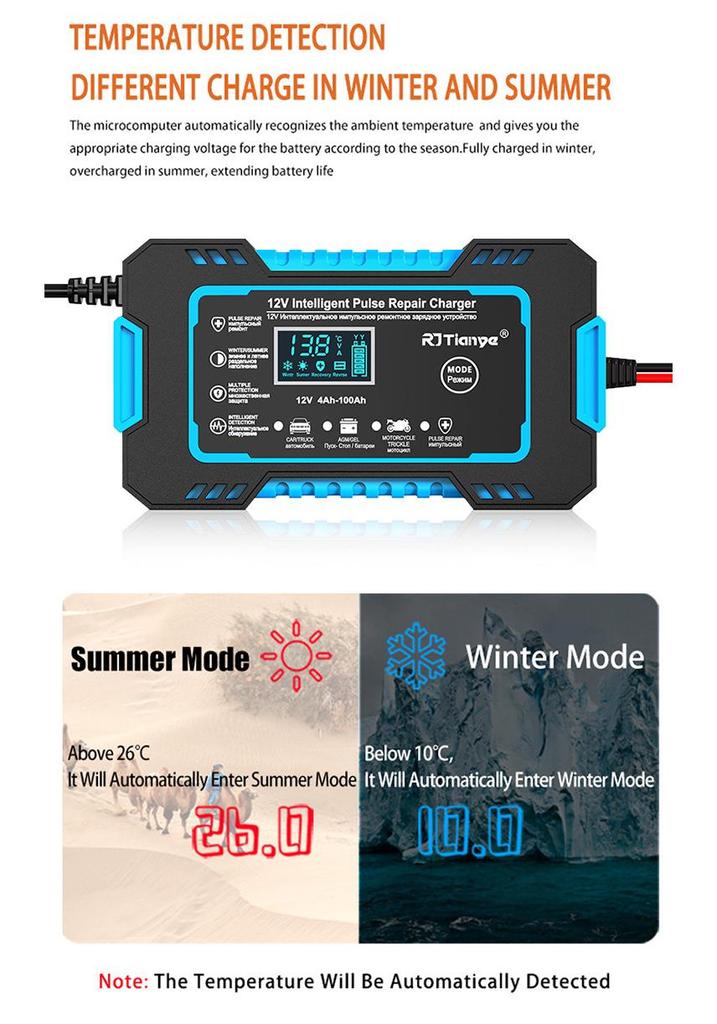 12V Smart Pulse Repair Charger for Lead-Acid Motorcycle and Car Batteries