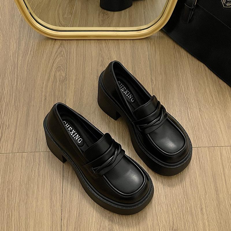 Black small leather shoes women's 2025 new summer British style thick heel high heel retro platform loafer single shoes jk shoes