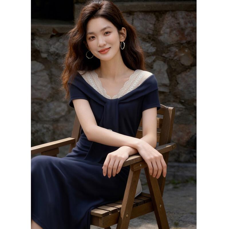 Demana Summer V-Neck Lace Pleated A-Line Dress S