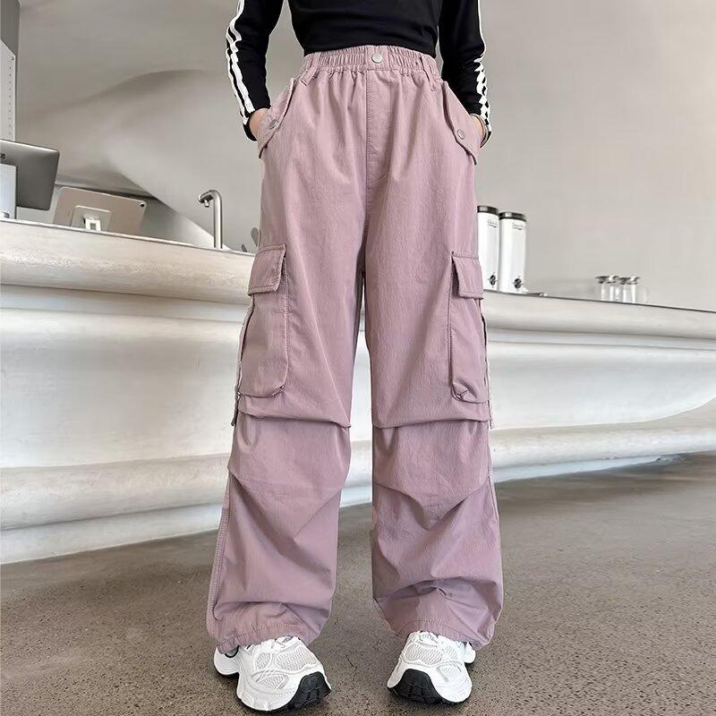 Kids Mid Rise Cargo Pants Loose Wide Leg Trousers Soft Polyester Spring Autumn Streetwear Casual Kids Pants 120