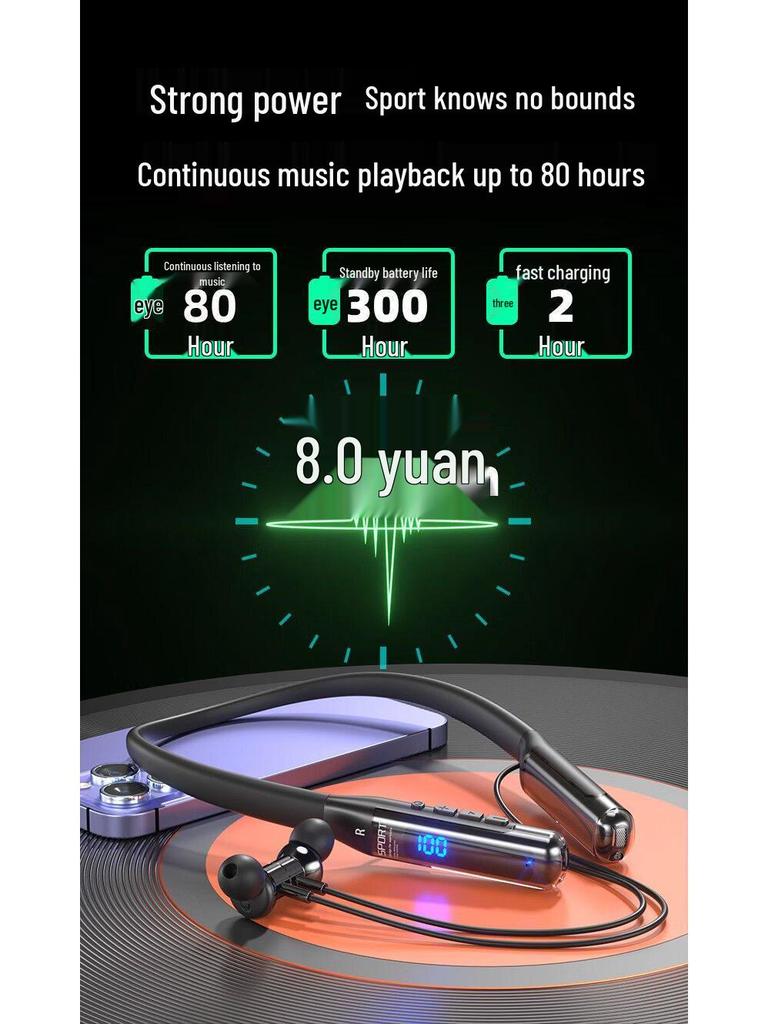 2026 Bluetooth Neckband Earphones: Ultra-Long Battery, Wireless, Noise Cancelling, Sport Design.