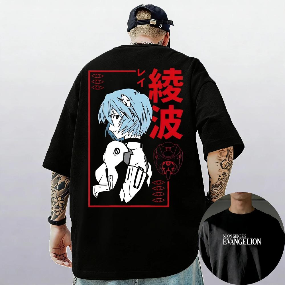 Neon Genesis Evangelion Vintage Double-Sided Print T-Shirt, Unisex Anime Streetwear Tee, 100% Cotton Loose Casual Top