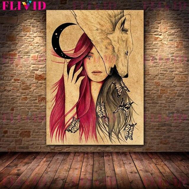 Wolf Woman And And Moon Wicca Vintage Wall Art Canvas Painting Daughters Of The Moon Art Poster And Print Home Decor No Frame