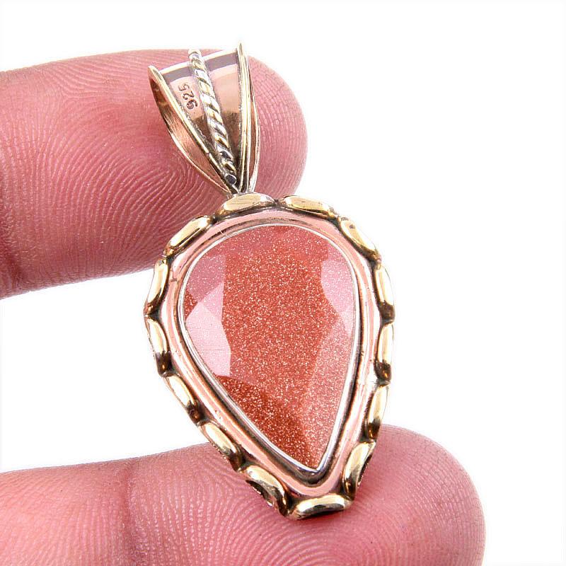 

Natural Sunstone Gemstone 925 Solid Sterling Silver Two Tone Pendant 1.5 I1D42