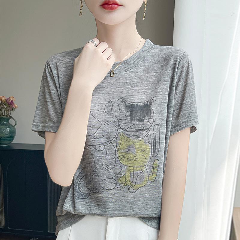 Summer Lyocell Ladies Crew Neck Loose Print T-Shirt Casual Short Sleeve Versatile Top