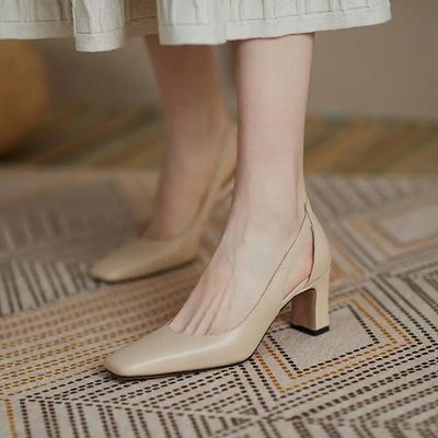 Chunky Heels Normal Leather Casual High Block Heel Nude Ladies Footwear Office Women's Shoes Square Toe Pumps On Heeled 39 Offer