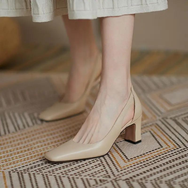 Fashion Chunky Heels Normal Leather Casual High Block Heel Nude Ladies Footwear Office Women's Shoes Square Toe Pumps on Heeled 39 Offer