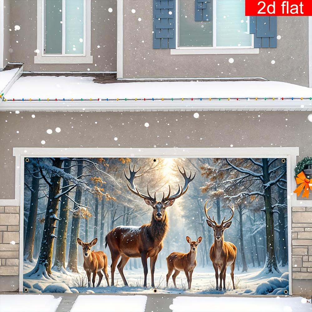 2D Flat 1 Christmas Garage Door Polyester Banner - Snow Forest Reindeer Scene, Suitable for Winter Holiday Party Decoration