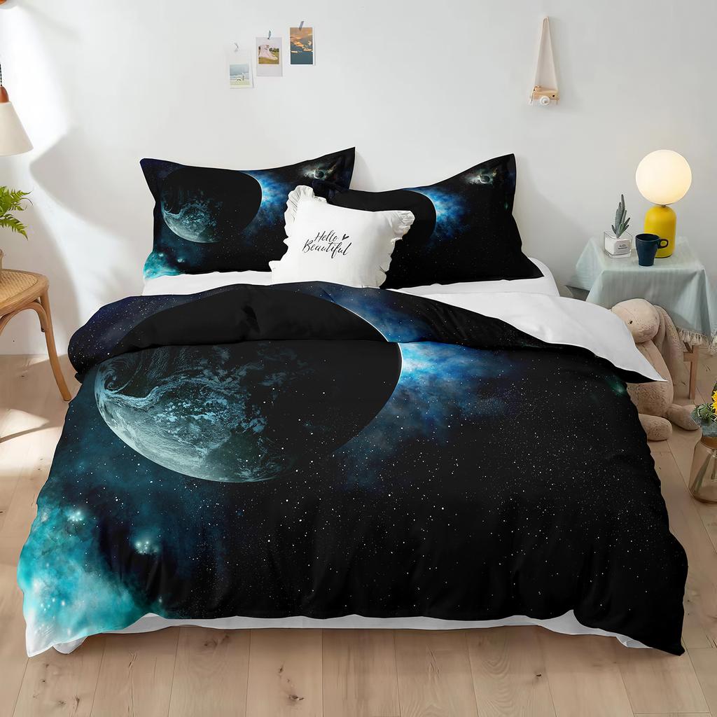 Set de husă de pilotă cu temă planeta uriașă 3D Mercury Galaxy Space Blue King Queen, dimensiune dublă, husă de cuvertură din poliester pentru copil, băiat, fată