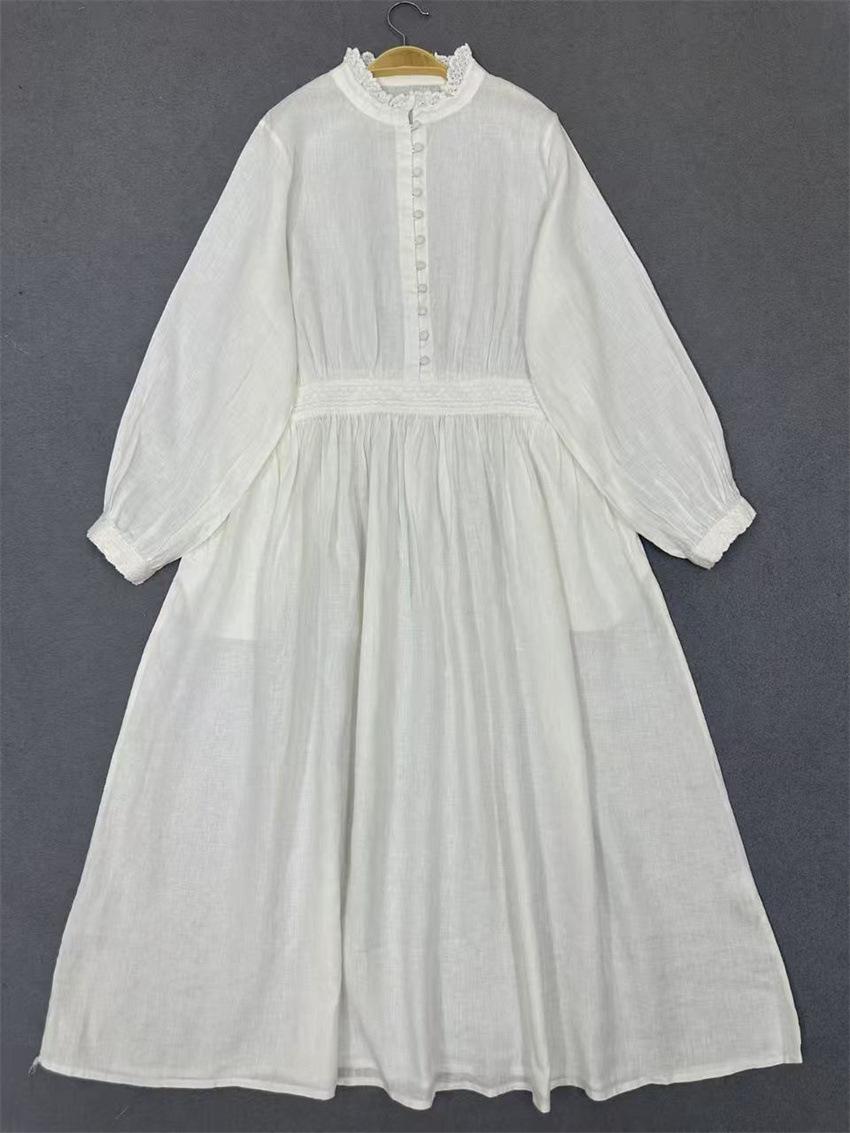 

Johnature Spring Long Sleeve Dress Japanese Stand Collar Wood Ear Trim Solid Color Vintage Loose Women Dresses One Size белый