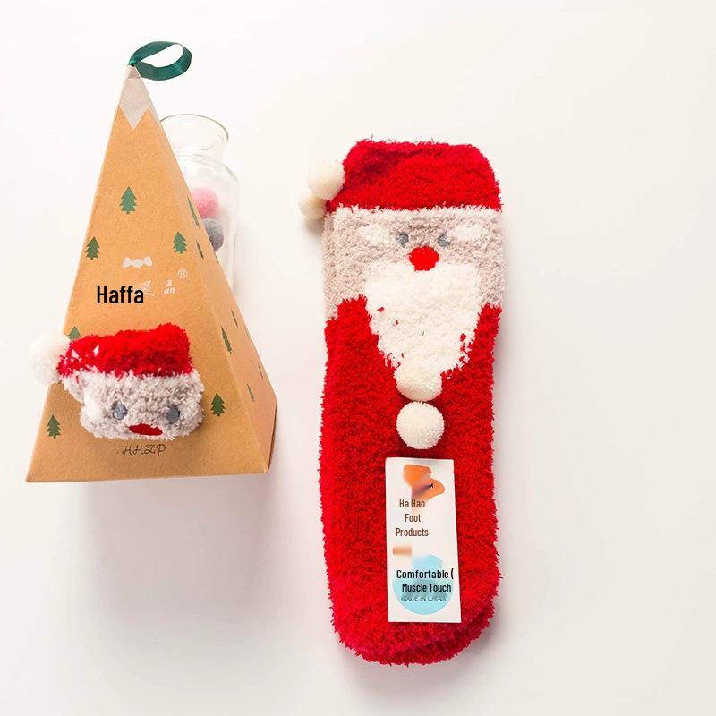 Japanese Christmas Cartoon Socks: Cozy Coral Fleece with 3D Embroidery for Women