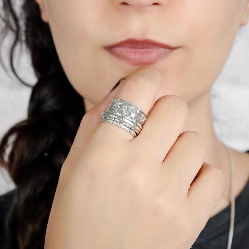 Copper Ring, Retro Index Finger Ring With Stars And Moon Texture, Sun God Wide Version Ring