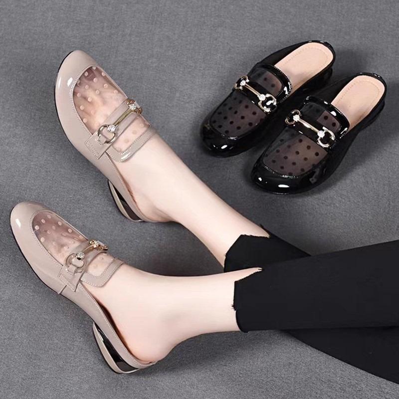 Fashion Soft Leather Mesh Cool Slippers Women 2025 Summer Wear Soft-Soled Sandals Low Heel Thick Heel Fashion Bag Head Half Drag Sandals