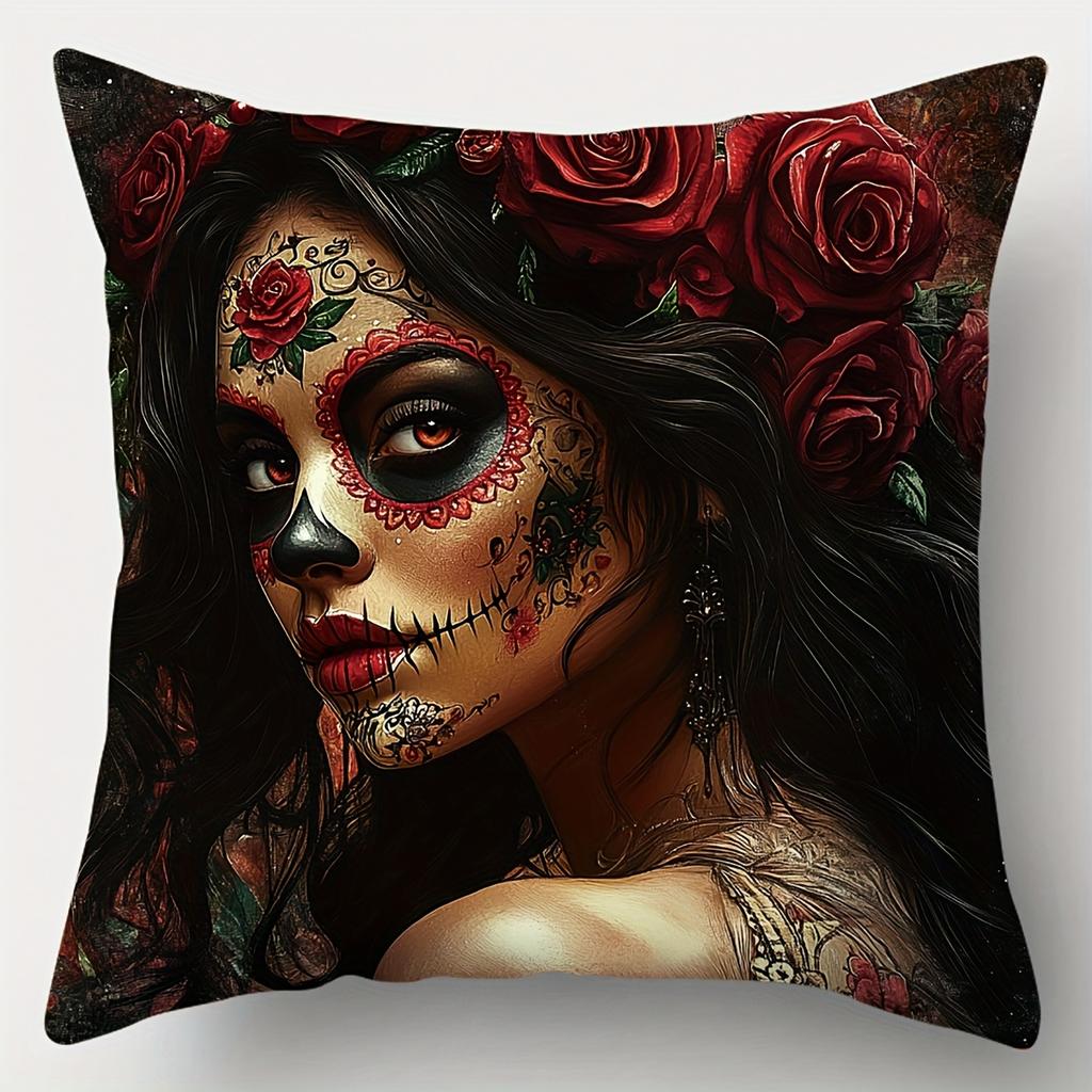 4PCS Skull Print Pillow Cases: Day of Dead Face Paint & Roses, Mysterious Glam for Parties, Home, Car (No Insert)