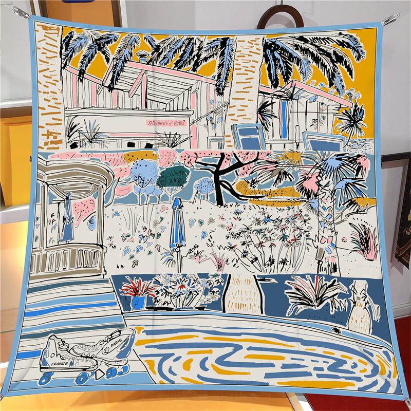 90Cm Classic Checkered Horse  Square Scarf Women Twill Silk Scarf Shawl Hijab Luxury Bandana Foulard Neckerchief Head Scarf