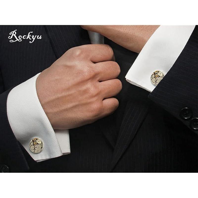 Used [New] Rockyu Cufflinks Men's Stylish Silver Watch Cuffs Mechanical Round Cufflinks Circular Antique Watch Amethyst Zirconia Stainless Steel