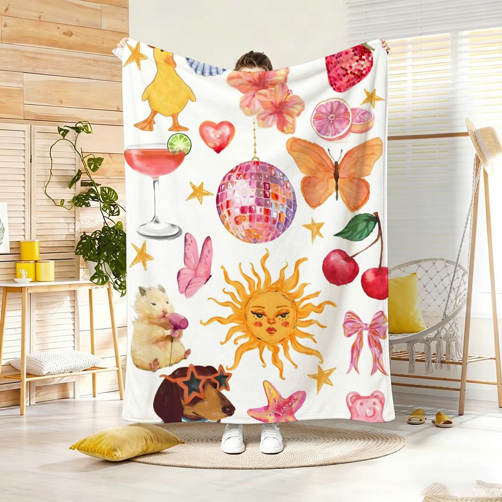 Retro Sticker Collage Throw Lightweight Flannel Blanket Soft Skin-Friendly For Summer Cooling