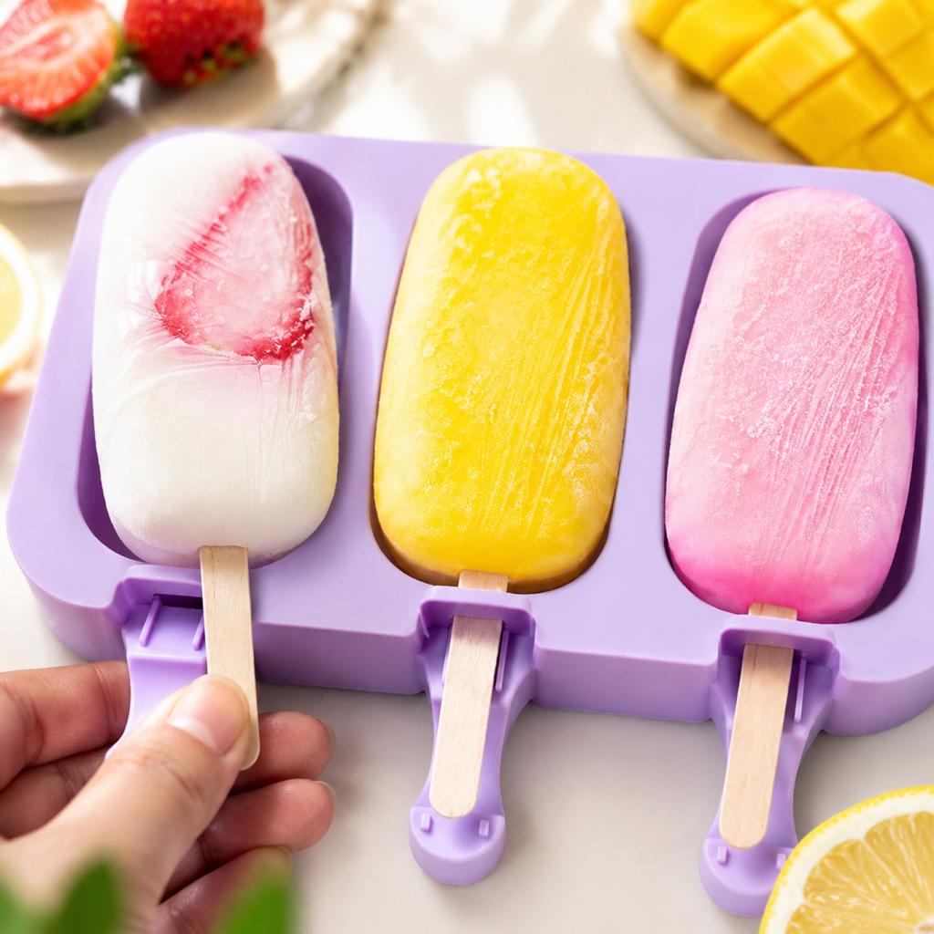 Silikon-Eis am Stiel Form Set mit 3 Fächern für hausgemachte Eis am Stiel und Eisriegel Flexible Antihaft-Gefrorene Dessertform mit Stielen im Lieferumfang