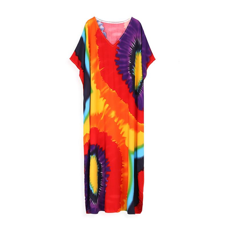 EDOLYNSA Různobarevné Kaftan Bohemian Potištěné Maxi šaty Batwing Sleeve Sleeve Sleeve Women Dámské plážové oblečení Polorukáv Maxi šaty Robe Q1342