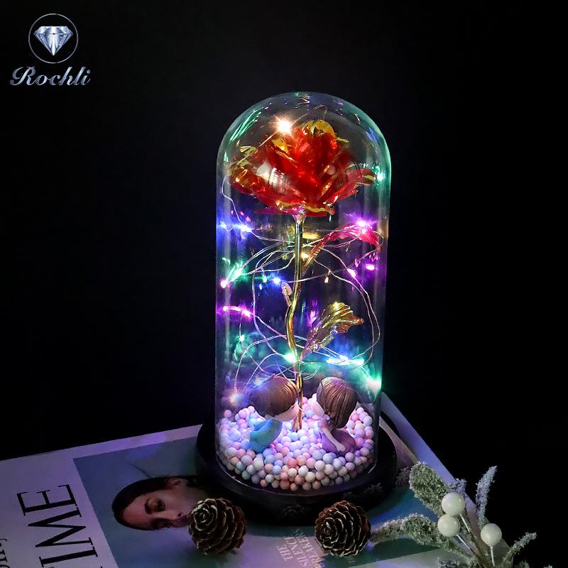 Rose Flower Preserved in Glass Dome with Night Light - Mother's Day or Birthday Gift Ornament