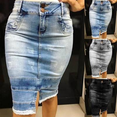 high waisted jean pencil skirt