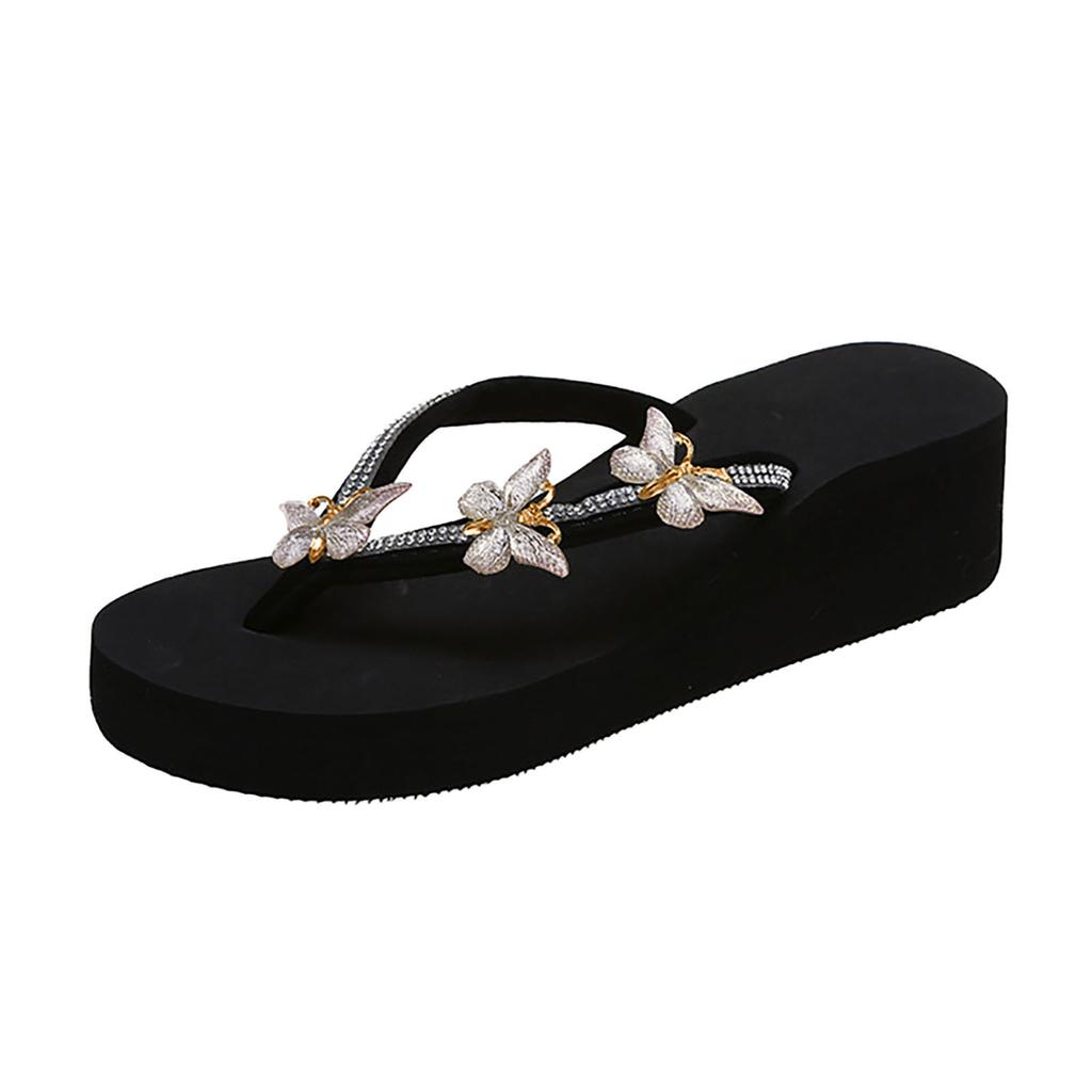 Summer Fashion Rhinestone Ladies Holiday Rubber Sole Beach Wedge Flip Flops