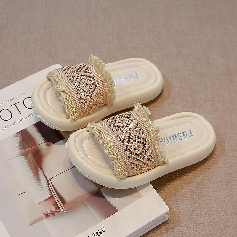 

Плетеные тапочки с кисточками в этническом стиле, детские туфли принцессы на лето 2025 года, новая детская пляжная обувь на мягкой подошве, в тренде, милые 26 золотой