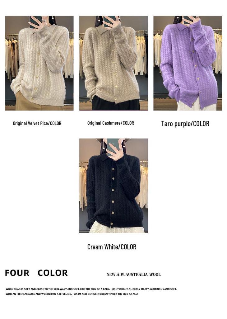 Women's Slim Cable Knit Cardigan with Cashmere Collar - Versatile Autumn/Winter Style