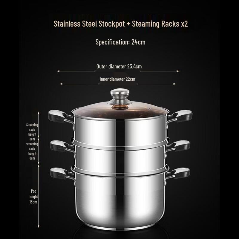HANDUNYOU 24cm Anti-scald Stainless Steel Saucepan with 2 Steamers