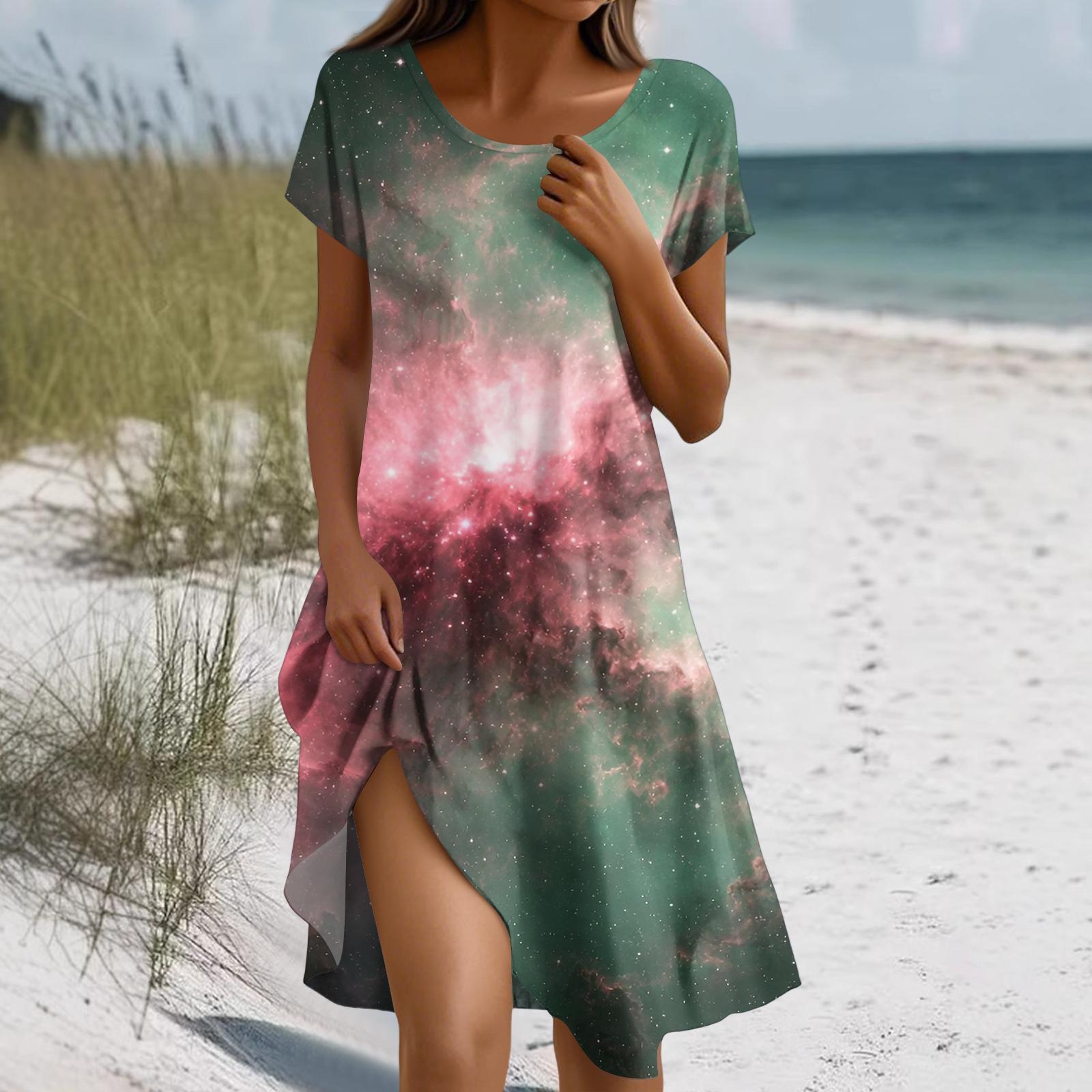 

Women s Fashion Short-Sleeve Bohemian- -Print Dress With Pockets M