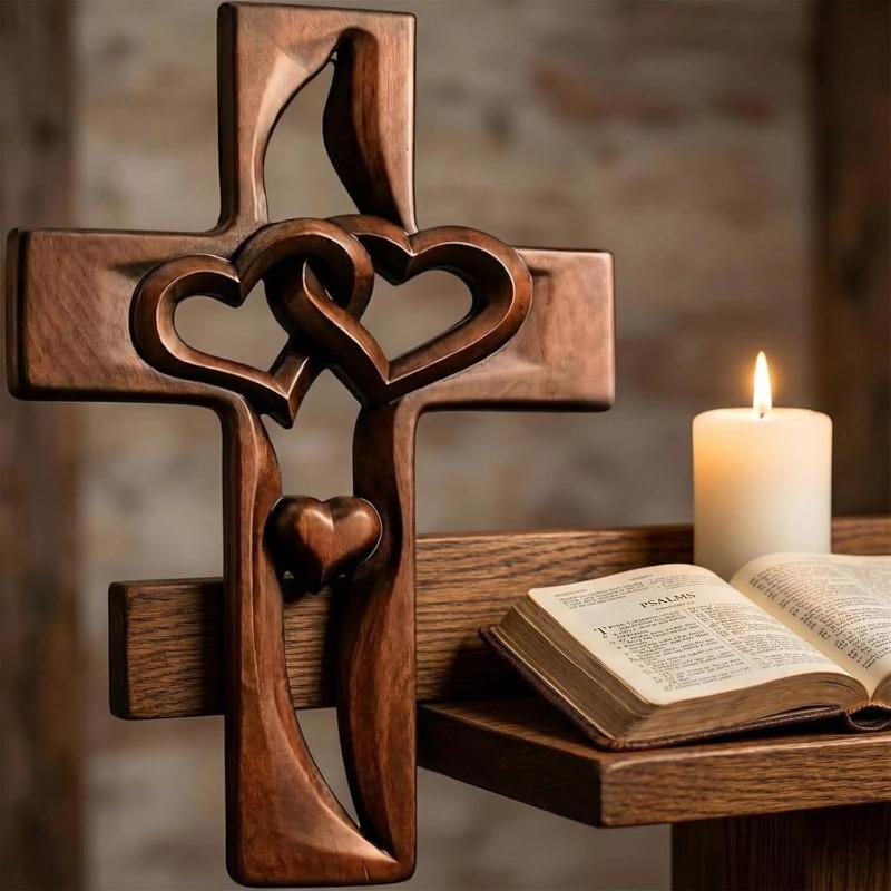 Hochzeits-Kreuz Wanddekoration, Handgefertigtes Holzkreuz mit verschlungenen Herzen, Handgeschnitzte Wandhängedeko, Valentinstags-Ostern-Hochzeitsgeschenk