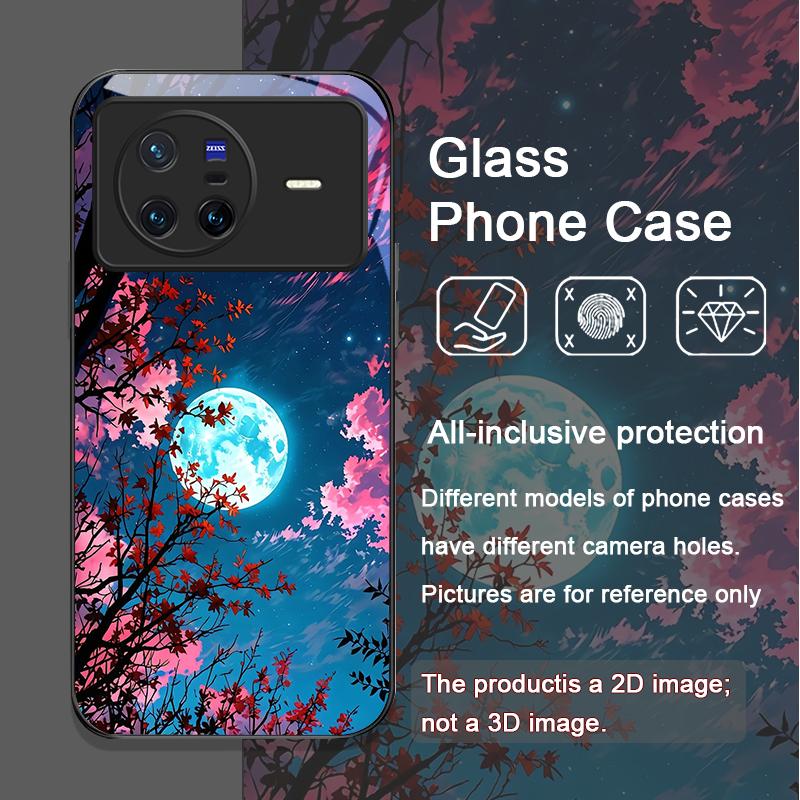 Moon Cherry Blossom Pattern Scenery Tempered Glass Phone Case for OPPO Reno 13 F 12 11 Pro 10 SE Find X3 Lite X5 A79 A58 Covers