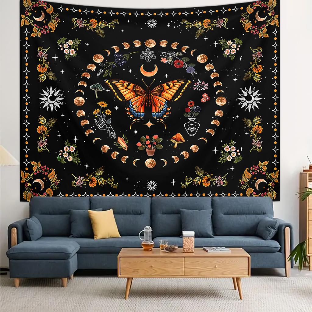 1pc Butterfly, Moon, Flower Tapestry, Plant Flower Bohemian Tapestry, Bedroom Aesthetics Retro Moonphase Starry Sky Tapestry