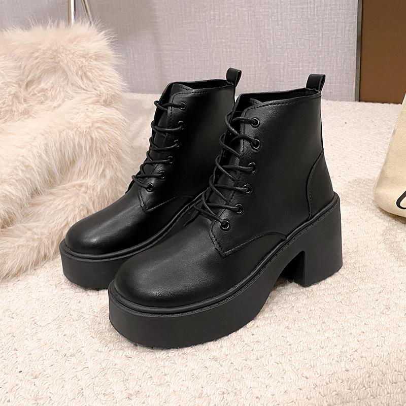 Winter New Thick Heel Single Boots Women's Round Head Front Strap Thick Sole Anti-slip Wear-resistant Short Boots