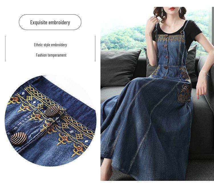 Ethnic Embroidered Denim Strappy Maxi Dress - Slimming Ankle-Length Style