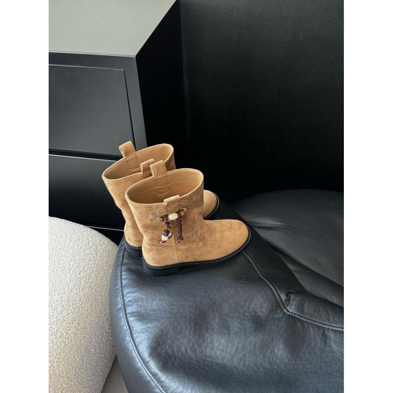 French khaki suede fringed Martin boots for women 2025 new Korean version thick heel round head small short boots for women
