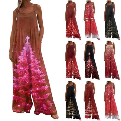 Macacão Casual Feminino Estampado de Natal Sólido Perna Larga Sem Alças Regata Bolso