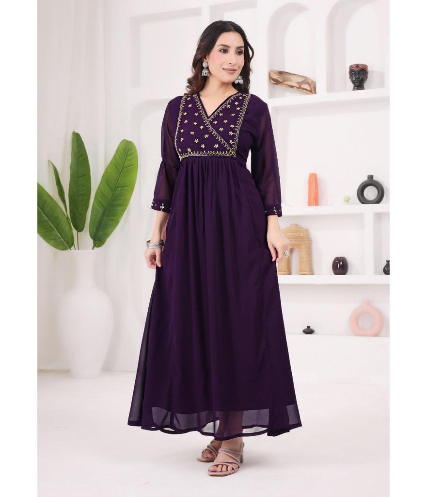 Women Designer Georgette V-Neck Gown Kurta Indian Bollywood Anarkali Top Tunic Kurti