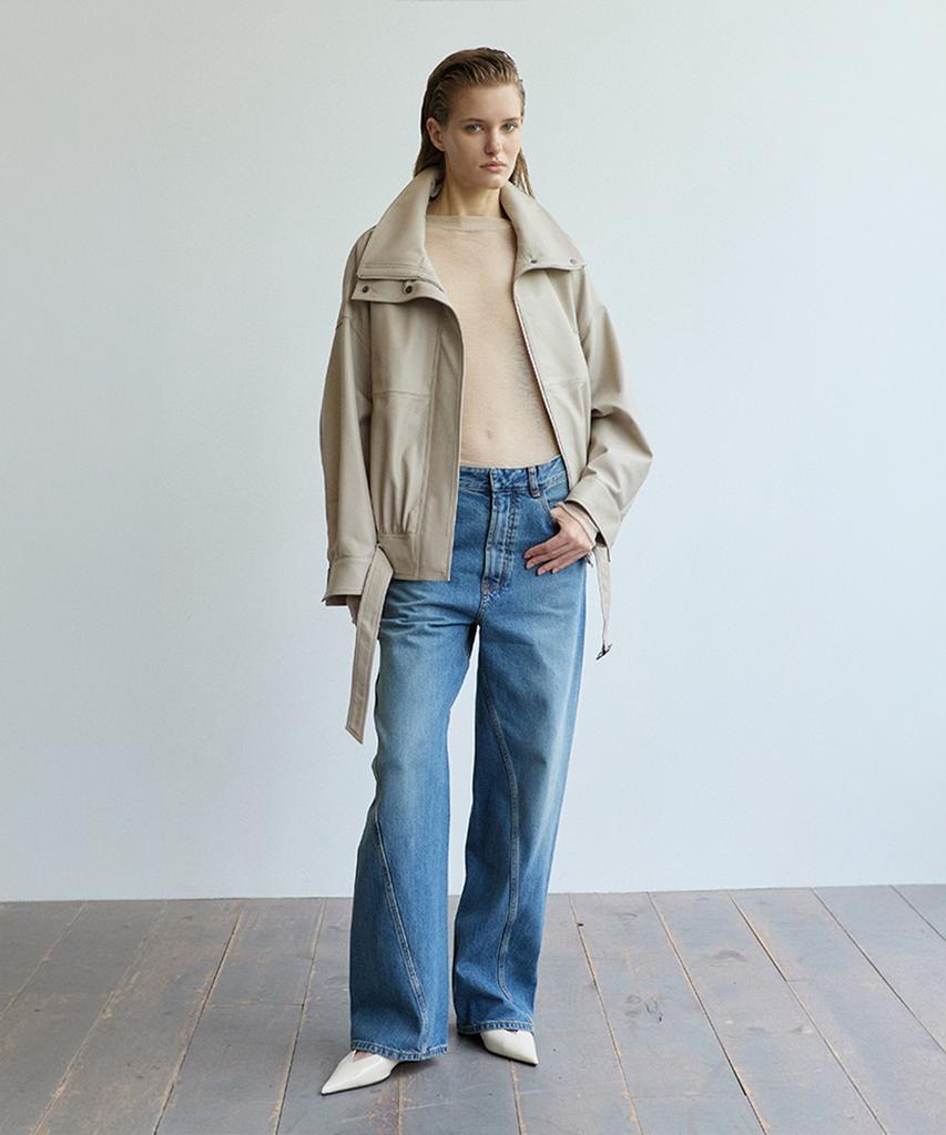 VERDEMAR High-Neck Belted Leather Blouson_Cream
