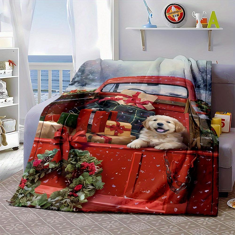 Cozy Christmas Puppy Truck Print Flannel Throw Blanket - Soft, Reversible, All-Season Comfort for Couch, Bed, Office, and Travel
