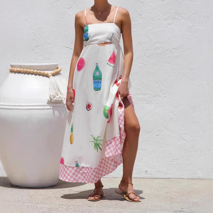 European and American Women's Clothing Casual Vacation Style Printing Suspender High Waist Pendulum Dress Women