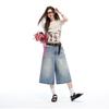 Trendy Summer Slub Textured Heavy Washed High Waist Loose Straight Denim Cropped Capri Pants Versatile Slimming FigureFlattering Casual Trousers