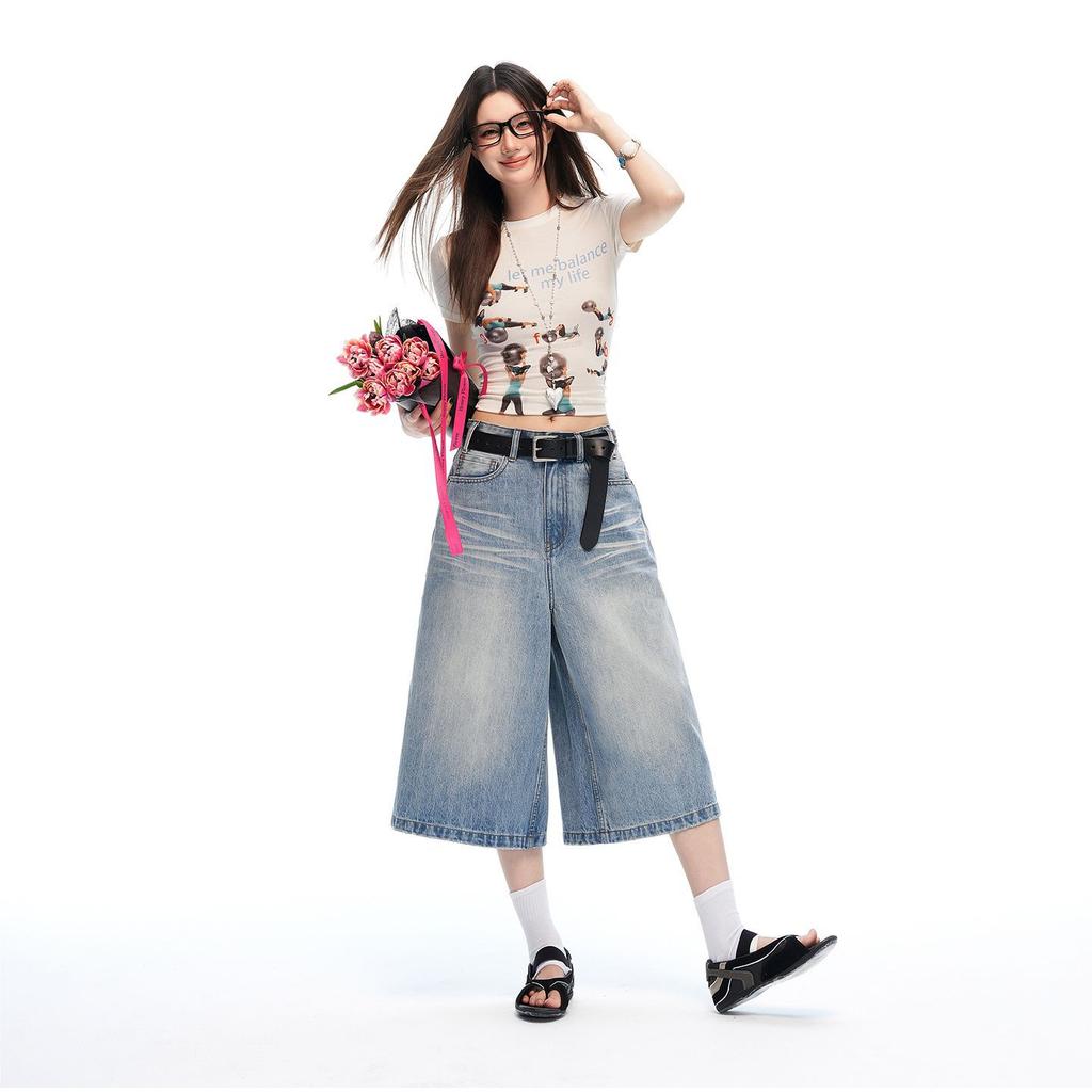 Trendy Summer Slub Textured Heavy Washed High Waist Loose Straight Denim Cropped Capri Pants Versatile Slimming FigureFlattering Casual Trousers