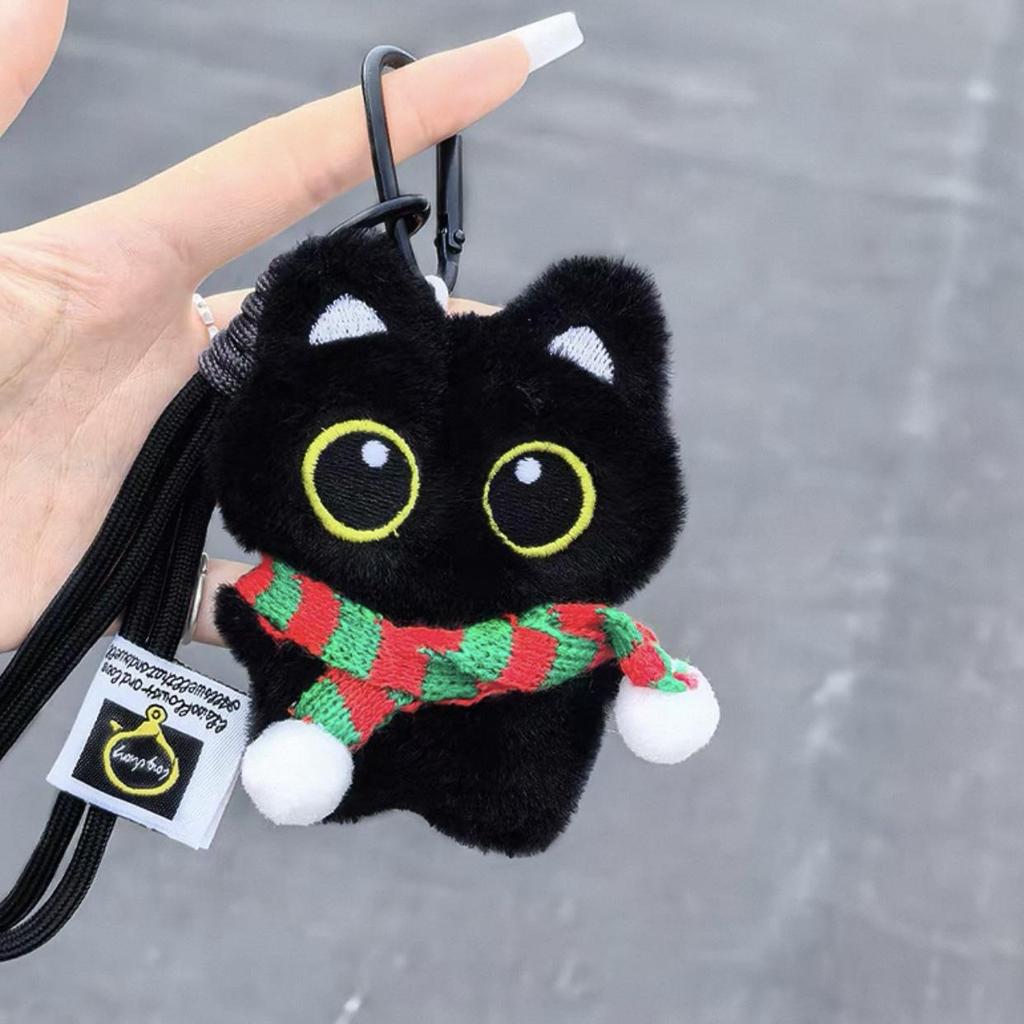 Χαριτωτή Μαύρη Γάτα Βελούδινη Κούκλα Μπρελόκ Κρεμαστό