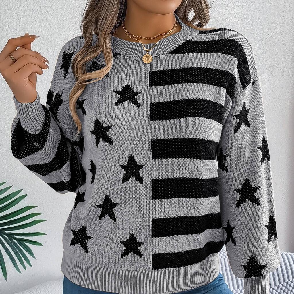 Women's Casual Star Striped Long Sleeve Pullover Sweater